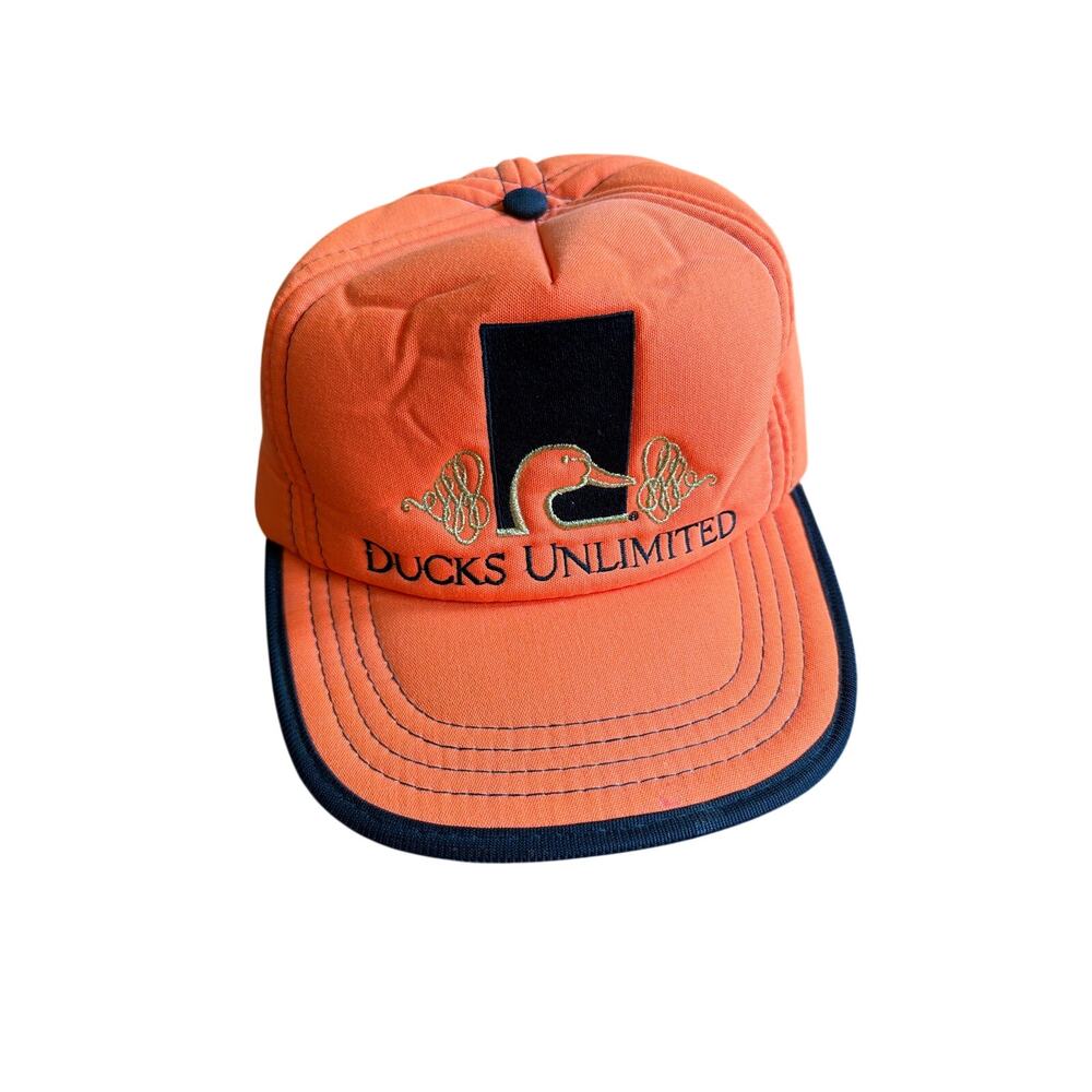 Vintage Ducks Unlimited Hunting Hat Blaze Orange Black Patch Strapback